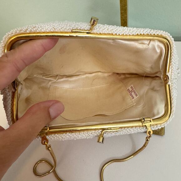 Vintage Beaded Clutch Shoulder Bag Evening Handbag Purse Sequin Elegant Cream - Picture 8 of 11
